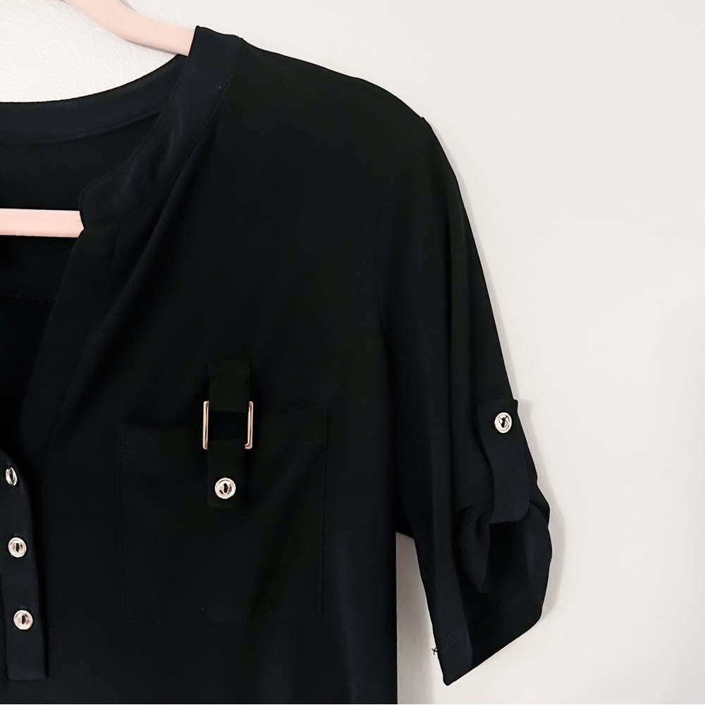 PerSeption Concept- Size SMALL, black short sleeve blouse with buckle details.